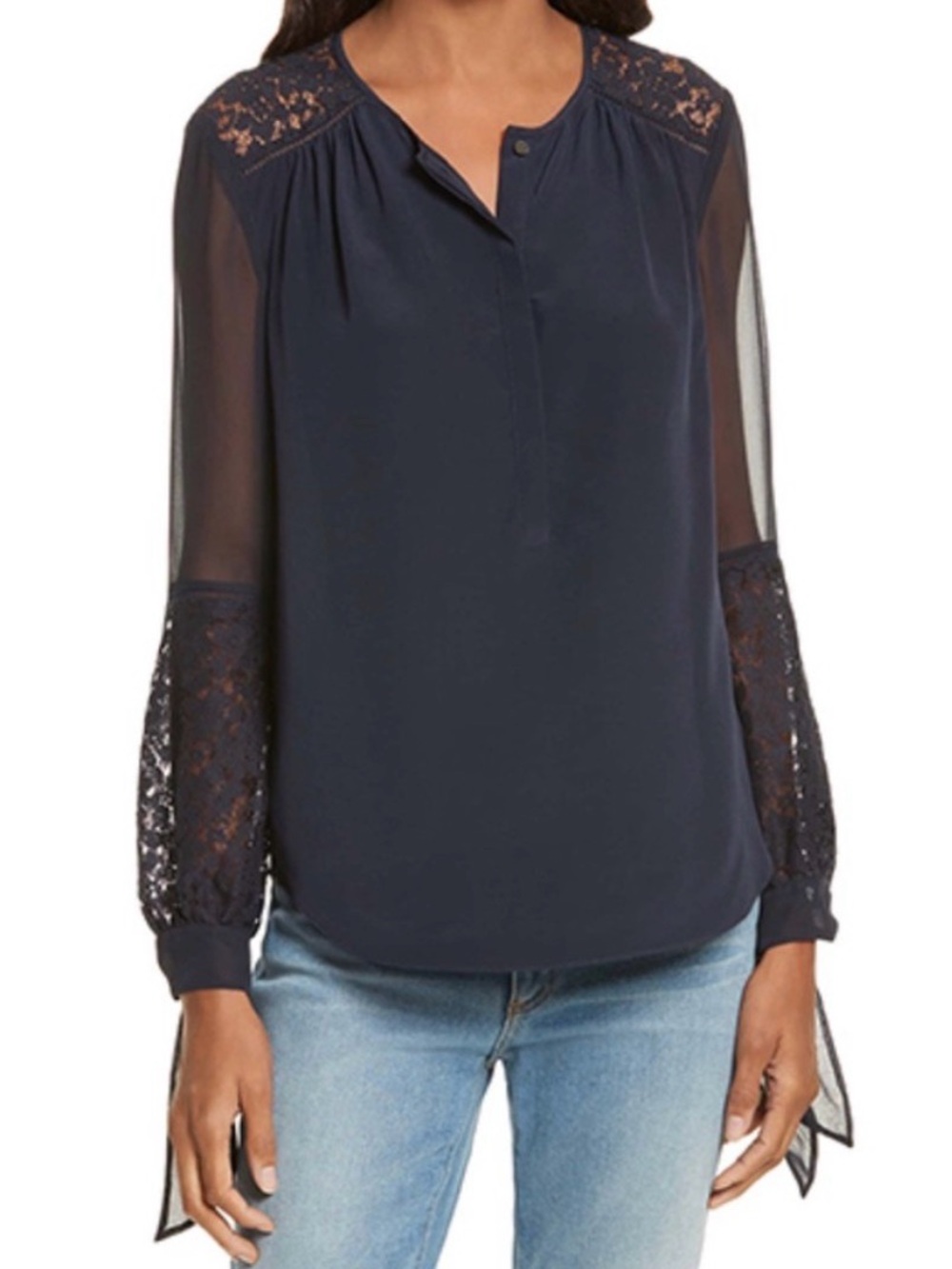 Rebecca Taylor Navy Lace-Trim Long-Sleeve Blouse